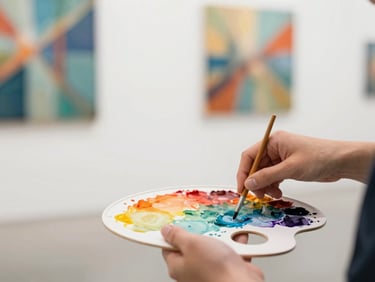 Close-up of hands gently mixing vibrant watercolor paints on a palette, soft focus on the background of an abstract painting, natural light.