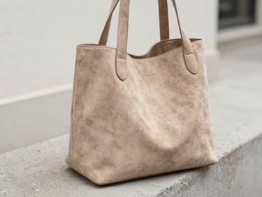 Close-up detail of a textured tan suede tote bag sitting on a concrete ledge, soft natural overcast daylight, 35mm