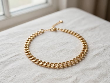 Minimalist flat-lay of a thick gold chain collar necklace on a textured white linen surface, soft window light, 35mm