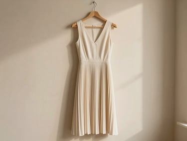 Elegant pleated cream midi dress draped on a minimalist hanger against a soft beige wall, warm daylight, 35mm