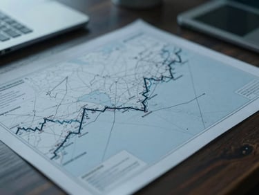 Tight macro crop of analytical trade route maps on a dark wooden table, cool low-key lighting, professional consulting atmosphere