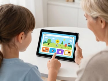 Over-the-shoulder view of a child and grandmother laughing while interacting with a clean, vibrant educational app on an Android tablet, bright natural daylight, soft minimal background.