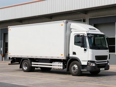 Wide-angle side view of a pristine, modern white refrigerated logistics truck parked at an industrial loading dock, clean daylight, sharp metallic details, professional B2B food distribution environment.