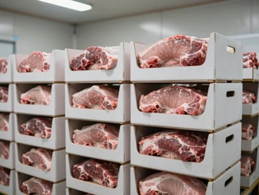 Neatly stacked wholesale boxes of pork products inside a bright, clean cold storage facility, neutral industrial lighting.