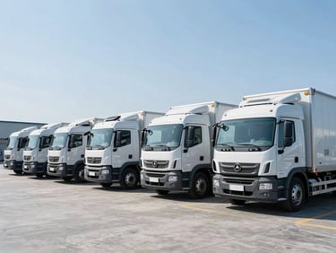 Wide-angle environmental shot of a modern refrigerated transport fleet parked neatly in a pristine distribution center under crisp daylight, cold steel blue tones.