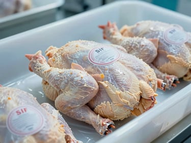 Detail shot of certified wholesale poultry packaging with official SIF inspection stamps, bright cold-chain environment lighting.
