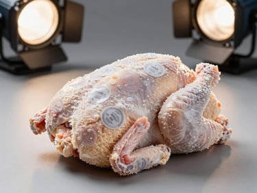 Clean industrial packaging of frozen poultry cuts with visible quality seals, professional studio lighting, neutral background.