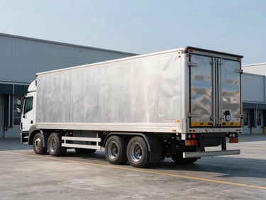 Wide panoramic shot of a pristine refrigerated cargo transport truck parked at a modern industrial loading dock, crisp morning daylight, metallic steel blue tones.