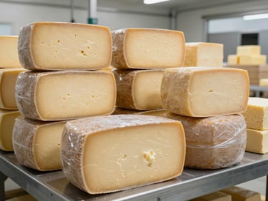 Large professional blocks of wholesale cheese and butter tubs in a clean, sterile dairy distribution environment, bright daylight simulation.