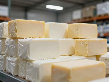 Neat stack of wholesale dairy products and butter blocks inside a clean, modern refrigerated warehouse, neutral industrial lighting.