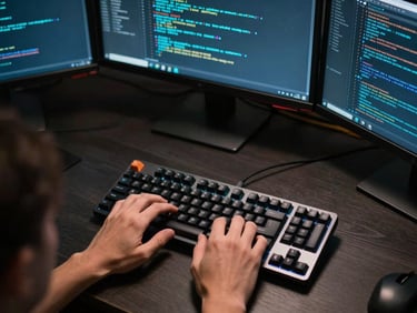 Overhead downward angle of a developer's hands on a mechanical keyboard at a dark workstation, multiple monitors reflecting code in cool cyan tones, clinical overhead lighting, no eye contact