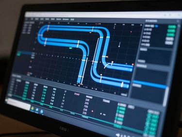 Extreme close-up of a technical dashboard on a dark monitor, live data graphs and pipeline metrics glowing in electric blue, cool studio lighting, sharp detail on the screen surface