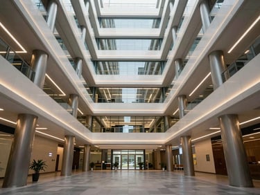Symmetrical interior shot of a modern corporate headquarters in Karnataka, featuring linear LED lighting and steel columns.