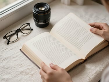 Close overhead view of hands turning a page in an open book on a cream linen surface, soft window light from the left, reading glasses resting nearby