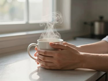 A caregiver's hands cradling a warm mug on a kitchen table near a window, morning light, soft steam, quiet moment of pause between tasks