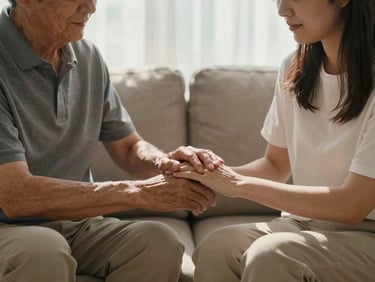 Two people sitting close together on a living room couch, one older adult and one younger caregiver, their hands gently touching, soft afternoon light through sheer curtains