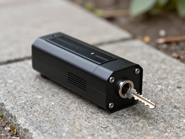 A high-resolution macro shot of a black professional rodent bait station sealed with a key, placed neatly along a clean stone pathway.