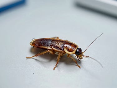 Macro shot of a German cockroach on a clean sterile surface, high contrast, clinical laboratory lighting