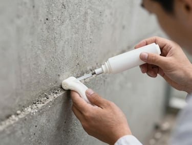 Close-up of a technician applying a precise microencapsulated chemical barrier along a concrete foundation wall, landscape aspect.