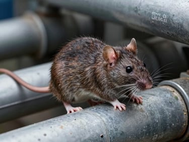 Educational macro photograph of a brown rat near urban pipes, high contrast clinical lighting, scientific framing