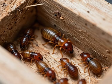 Close-up of subterranean termite activity inside damaged wood fibers, scientific laboratory lighting, sharp detail