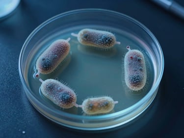 Macro photography of a clean clinical petri dish showing bacterial cultures under blue light, scientific visualization.