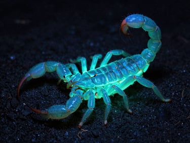 Macro shot of a scorpion's sensory pectines under a clinical ultraviolet light, glowing neon blue-green, landscape aspect.