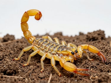 Macro photography of a yellow scorpion Tityus serrulatus on dry soil, clinical white laboratory lighting, high contrast detail