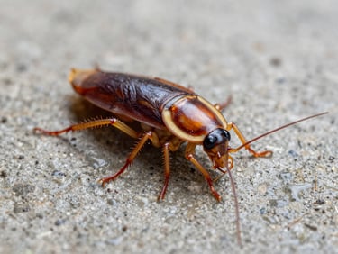 Macro photography of an American cockroach showing detailed antennae and legs on a damp concrete surface, clinical lighting