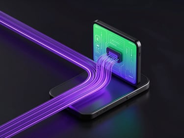 Sleek 3D render of glowing cyber violet data pipelines flowing into an isometric mobile device screen, dark high-contrast ambient lighting, ultra-detailed tech aesthetic