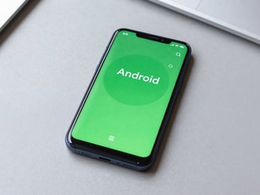 Overhead flat-lay photography of a modern Android smartphone resting on a clean slate-gray work desk, displaying a vibrant green app interface with crisp typography and high legibility, bright even studio lighting.