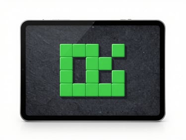 Straight-on orthographic view of an Android tablet displaying a minimalist 2D puzzle game with green blocks on a dark slate grid, clean vector style, bright studio light