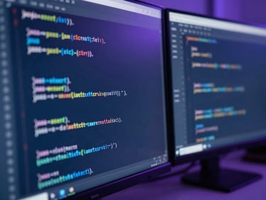 Macro close-up of clean, structured Java code on a dual-monitor setup in a cool-toned modern office, subtle blue and violet ambient reflections, shallow depth of field, 35mm