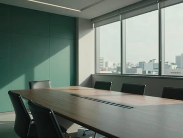 Wide shot of a minimalist modern boardroom in São Paulo, cool natural window light, sharp architectural shadows, desaturated tones with deep green accents, 35mm