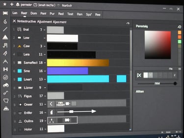 Macro screenshot of a perfectly organized Photoshop layer panel with clearly labeled, color-coded smart objects and non-destructive adjustment layers.