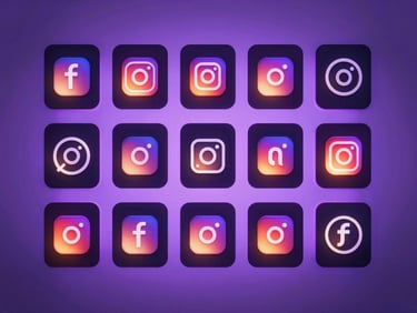 Cinematic 3D mockup of floating dark-mode Instagram grid templates, soft violet backlighting, highlighting clean typography and smart-object layers.