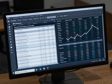 Close overhead view of a procurement dashboard on a large monitor, showing factory search results, order status columns, and a production milestone timeline, all rendered in a clean dark-mode UI with steel blue data highlights, even studio lighting, no people