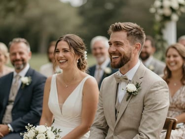 Candid shot of a couple laughing during an outdoor wedding ceremony, soft natural daylight, muted earth tones, shallow depth of field