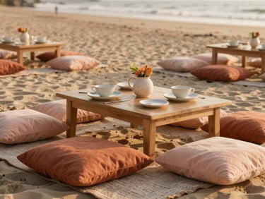 Luxury picnic setup on the beach at golden hour, low tables with cushions and delicate ceramic tableware