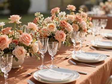 Elegant formal banquet table setup with crystal glassware and soft peach floral arrangements, bright daylight