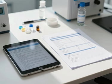 Clinical testing materials, structured evaluation forms, and a digital tablet on a clean, organized desk in a bright corporate office under natural light.