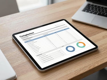 Bright and clean corporate office setting, a professional tablet displaying structured compliance checklists and charts on a wooden desk, natural light, minimalist workspace.