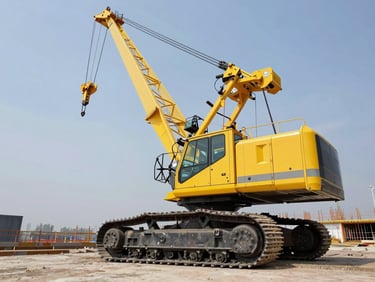 Low-angle sharp industrial photography of a heavy crawler crane on a clean construction site, vivid safety yellow, 35mm lens