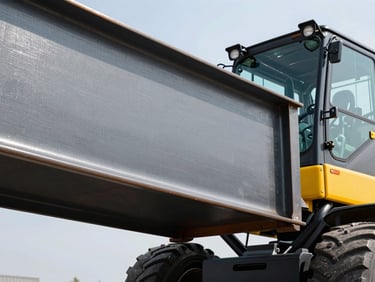 Sharp industrial 35mm shot of a heavy-duty telehandler carrying structural steel, bright daylight, high-contrast metallic textures