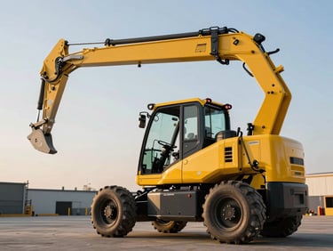 Sharp industrial photography of a modern safety-yellow telehandler fully extended, dramatic low-angle golden hour lighting, clean active construction background, 35mm lens