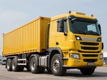 Wide low-angle shot of a multi-axle heavy transport lowbed trailer with a powerful tractor head, vivid safety yellow details, 35mm lens