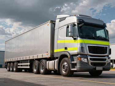 Low-angle wide shot of a modern heavy-duty semi-truck pulling an empty multi-axle lowbed trailer on an industrial site, dramatic sky backdrop, sharp metallic textures, safety yellow accents, 35mm lens
