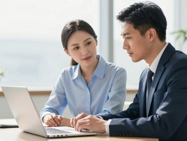 bright modern commercial photography, two professionals having a calm discussion over a laptop, bright natural daylight, 35mm