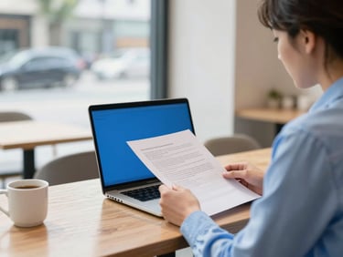 bright modern commercial photography, a small business owner reviewing paperwork in a sunny cafe, crisp corporate blues, 35mm