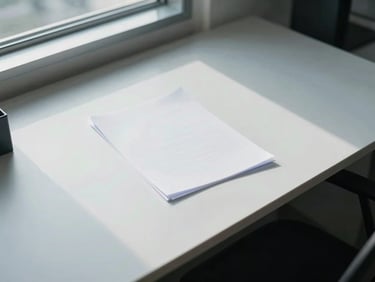 Overhead view of a clear, organized office desk with no papers, clean surface under cool natural window light, minimal objects, zero clutter